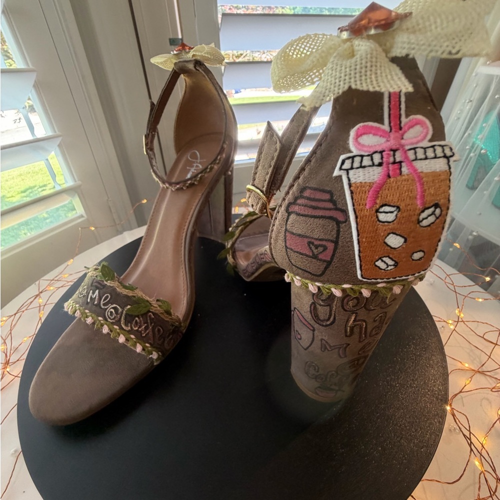 Hand Embellished Coffee Themed Statement Heels with Ankle-Strap & Bow, size 11